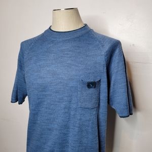 Vintage 60s Knit T Shirt MOD Crew Neck Grants Sportswear Large Blue Pocket